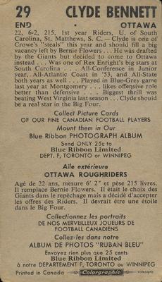 1954 Blue Ribbon Tea CFL #29 Clyde Bennett Back