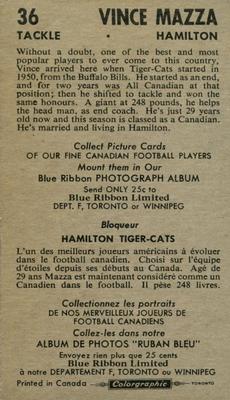 1954 Blue Ribbon Tea CFL #36 Vince Mazza Back