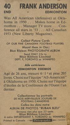 1954 Blue Ribbon Tea CFL #40 Frank Anderson Back