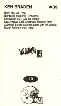 1989 Vachon CFL #10 Ken Braden Back