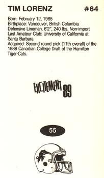 1989 Vachon CFL #55 Tim Lorenz Back