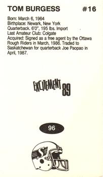 1989 Vachon CFL #96 Tom Burgess Back