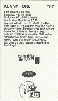 1989 Vachon CFL #112 Ken Ford Back