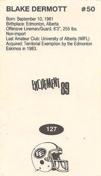 1989 Vachon CFL #127 Blake Dermott Back
