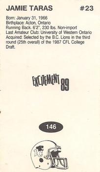 1989 Vachon CFL #146 Jamie Taras Back