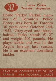 1952 Parkhurst CFL #32 Lorne Parkin Back