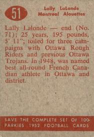 1952 Parkhurst CFL #51 Lally Lalonde Back