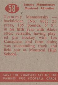 1952 Parkhurst CFL #58b Tommy Manastersky Back