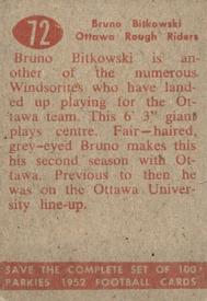1952 Parkhurst CFL #72 Bruno Bitkowski Back