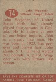 1952 Parkhurst CFL #74 John Wagoner Back