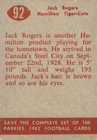 1952 Parkhurst CFL #92 Jack Rogers Back