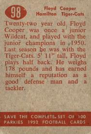 1952 Parkhurst CFL #98 Floyd Cooper Back