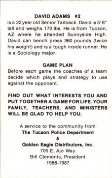 1986 Arizona Wildcats Police #NNO David Adams Back