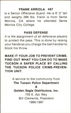 1986 Arizona Wildcats Police #NNO Frank Arriola Back