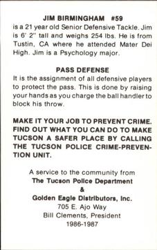 1986 Arizona Wildcats Police #NNO Jim Birmingham Back