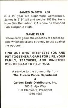 1986 Arizona Wildcats Police #NNO James Debow Back