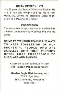 1986 Arizona Wildcats Police #NNO Brian Denton Back