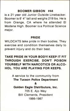 1986 Arizona Wildcats Police #NNO Boomer Gibson Back