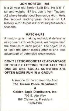 1986 Arizona Wildcats Police #NNO Jon Horton Back