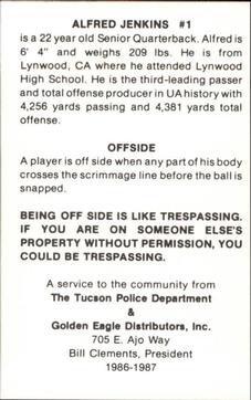 1986 Arizona Wildcats Police #NNO Alfred Jenkins Back