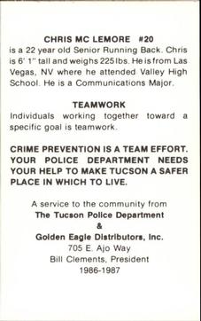 1986 Arizona Wildcats Police #NNO Chris McLemore Back