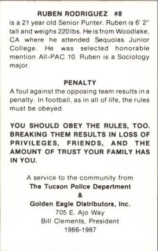 1986 Arizona Wildcats Police #NNO Ruben Rodriguez Back
