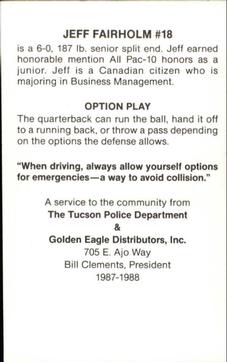 1987 Arizona Wildcats Police #NNO Jeff Fairholm Back