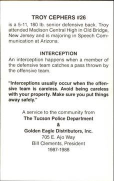 1987 Arizona Wildcats Police #NNO Troy Cephers Back