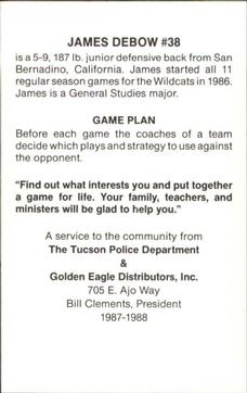 1987 Arizona Wildcats Police #NNO James Debow Back