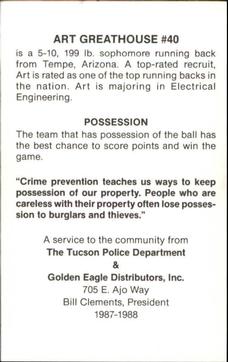 1987 Arizona Wildcats Police #NNO Art Greathouse Back