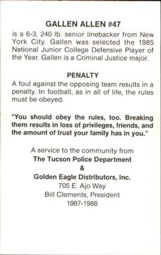 1987 Arizona Wildcats Police #NNO Gallen Allen Back