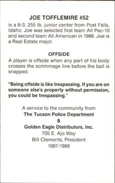 1987 Arizona Wildcats Police #NNO Joe Tofflemire Back