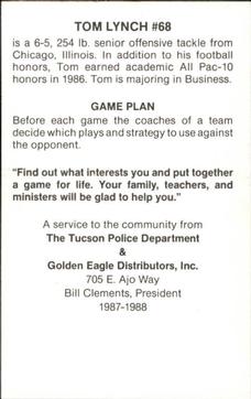 1987 Arizona Wildcats Police #NNO Tom Lynch Back