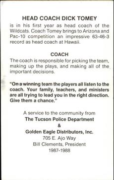 1987 Arizona Wildcats Police #NNO Dick Tomey Back