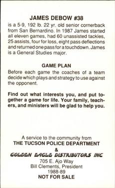 1988 Arizona Wildcats Police #NNO James Debow Back
