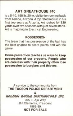 1988 Arizona Wildcats Police #NNO Art Greathouse Back