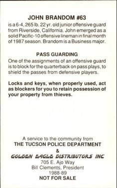 1988 Arizona Wildcats Police #NNO John Brandom Back