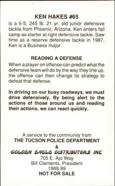 1988 Arizona Wildcats Police #NNO Ken Hakes Back