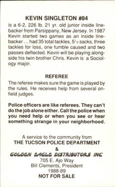 1988 Arizona Wildcats Police #NNO Kevin Singleton Back