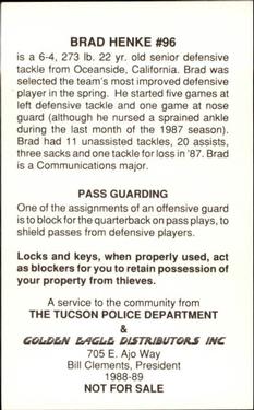 1988 Arizona Wildcats Police #NNO Brad Henke Back