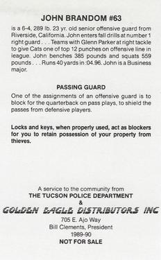 1989 Arizona Wildcats Police #NNO John Brandom Back