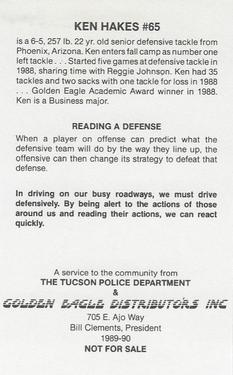 1989 Arizona Wildcats Police #NNO Ken Hakes Back