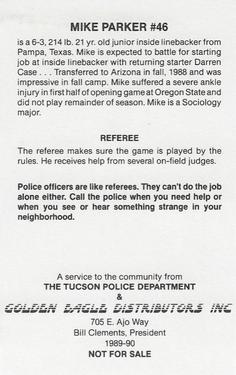 1989 Arizona Wildcats Police #NNO Mike Parker Back