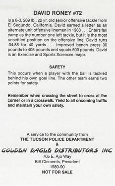 1989 Arizona Wildcats Police #NNO David Roney Back