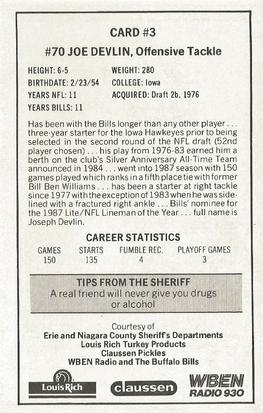 1987 Buffalo Bills Police #3 Joe Devlin Back
