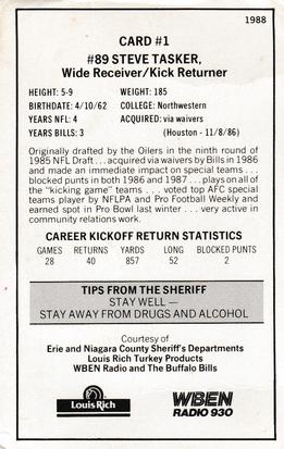 1988 Buffalo Bills Police #1 Steve Tasker Back