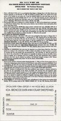 1984 KOA Denver Broncos #NNO Riley Odoms Back