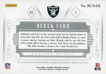 2014 Panini National Treasures - Rookie Colossal Jersey Number Signatures #RCN-DC Derek Carr Back