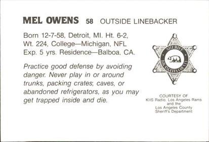 1985 Los Angeles Rams Police #NNO Mel Owens Back