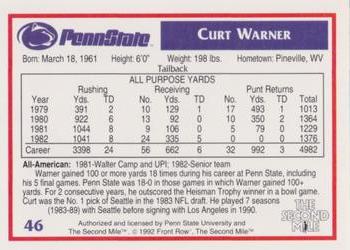 1991-92 Front Row Penn State Nittany Lions All-Americans #46 Curt Warner Back